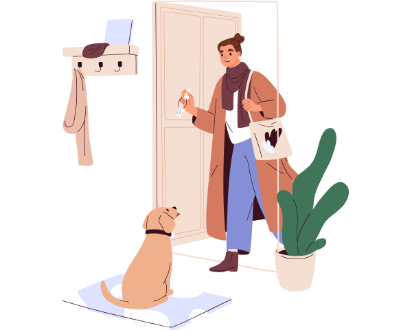 Mujer que entra en casa, con un perro