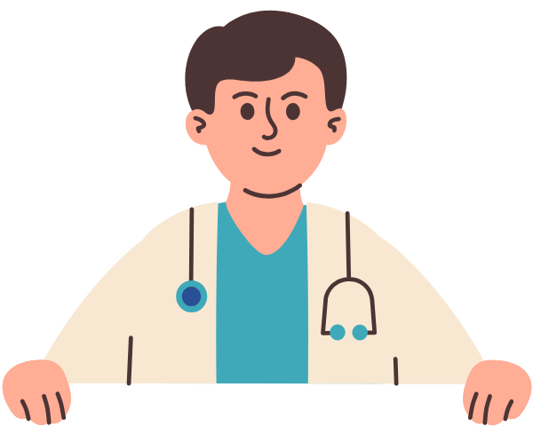 Ilustración de médico con bata y pijama verde debajo y un estetoscopio rodeando el cuello